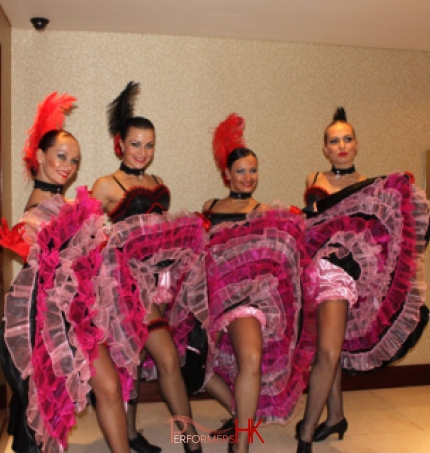 four can can dancers wearing pink dresses at HKCEC